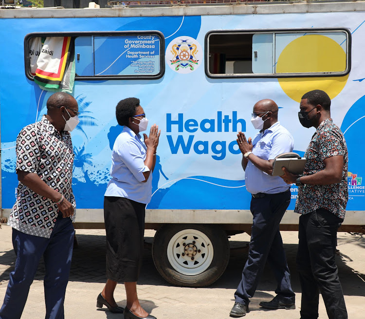 Mombasa Public Health chief officer Pauline Oginga and Paul Nyachae, the regional coordinator for The Challenge Initiative on Wednesday.