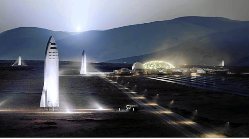 Elon Musk's Mars City. The sky on Mars blue at dawn and dusk, and red during the day.