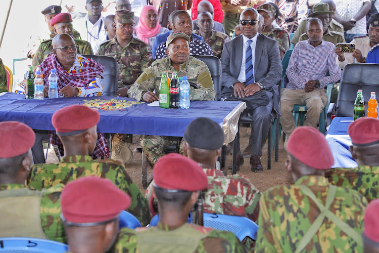 Interior CS Kindiki Kithure with other officials during his tour of Lokichogio and Nadapal to access the security situation on January 27,2023.