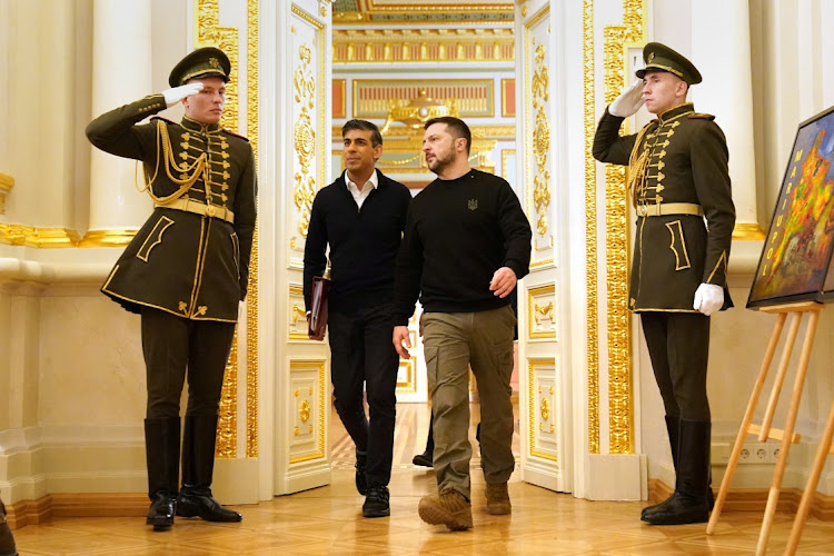 UK Prime Minister Rishi Sunak with Ukraine President Volodymyr Zelensky arrive for a press conference during a visit to the Presidential Palace in Kyiv, Ukraine, to announce a major new package of £2.5bn (R58.31bn) in military aid over the coming year on January 12 2024.