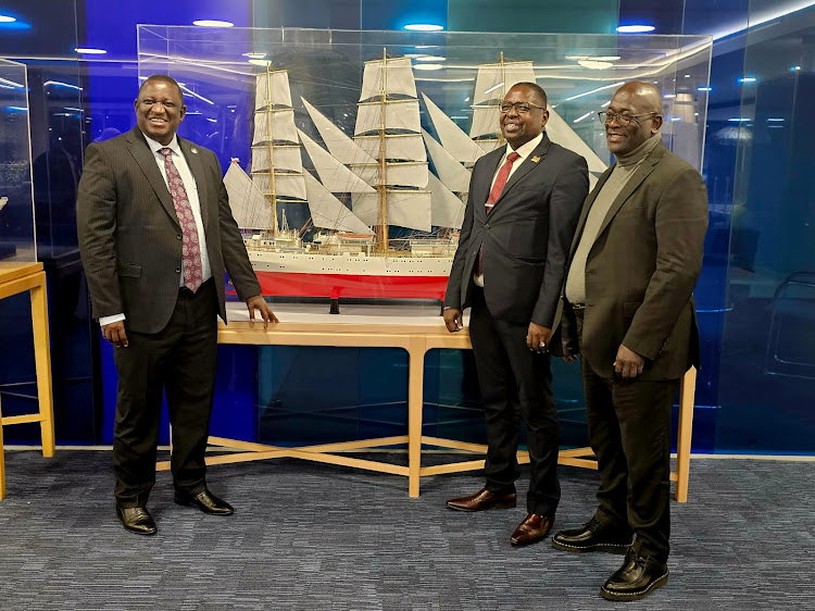 Blue Economy Cabinet Secretary Salim Mvurya, Maritime Principal Secretary Geoffrey Kaituko, and Kenya's High Commissioner to the United Kingdom Ambassador Manoah Esipisu at IMO headquarters in London.