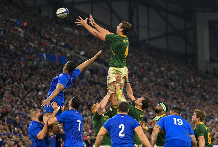 Eben Etzebeth towers high in the Springboks' defeat to France at Stade Velodrome in Marseille in November 2022. The South Africans will open their Rugby World Cup defence in that stadium on September 10. Picture: Clement Mahoudeau/Gallo Images/Getty Images