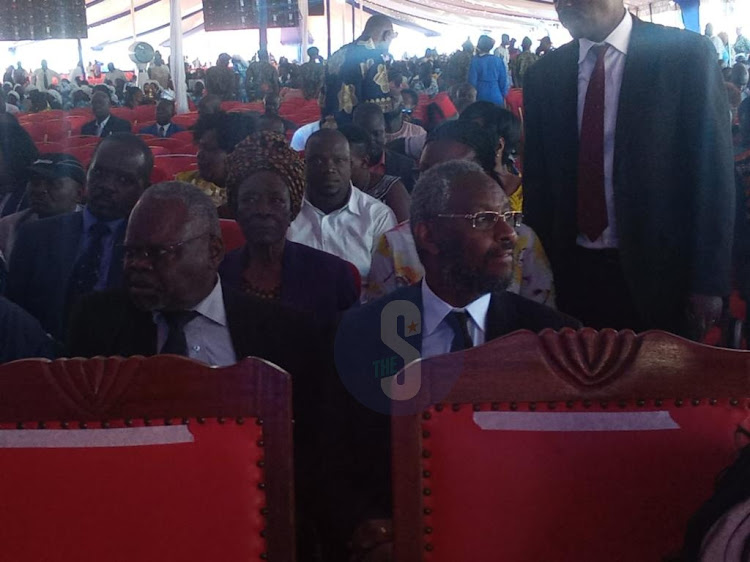 Officials and guests seated during the funeral ceremony of former Education CS George Magoha at Maseno University on February 11, 2023.