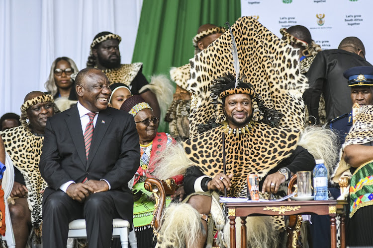 President Cyril Ramaphosa and AmaZulu King Misuzulu KaZwelithini at the certificate handover ceremony at Moses Mabhida Stadium in October 2022 in Durban. File photo.