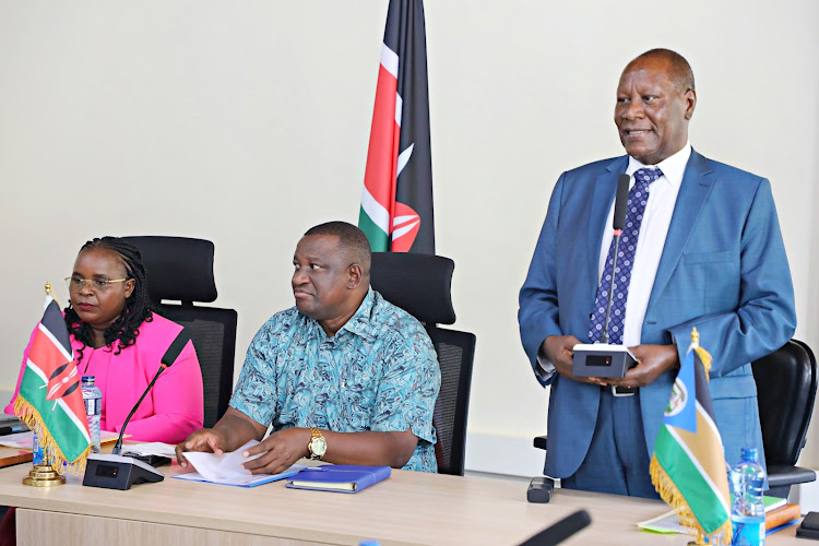 The CS for EAC, ASAL and regional development Peninna Malonza, her Mining counterpart Salim Mvurya and Kitui Governor Julius Malombe during the Monday meeting in Kitui.