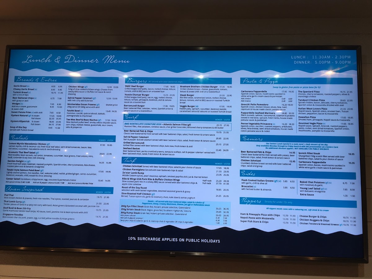 Northcliffe menu - gluten free items are marked with gf in blue.