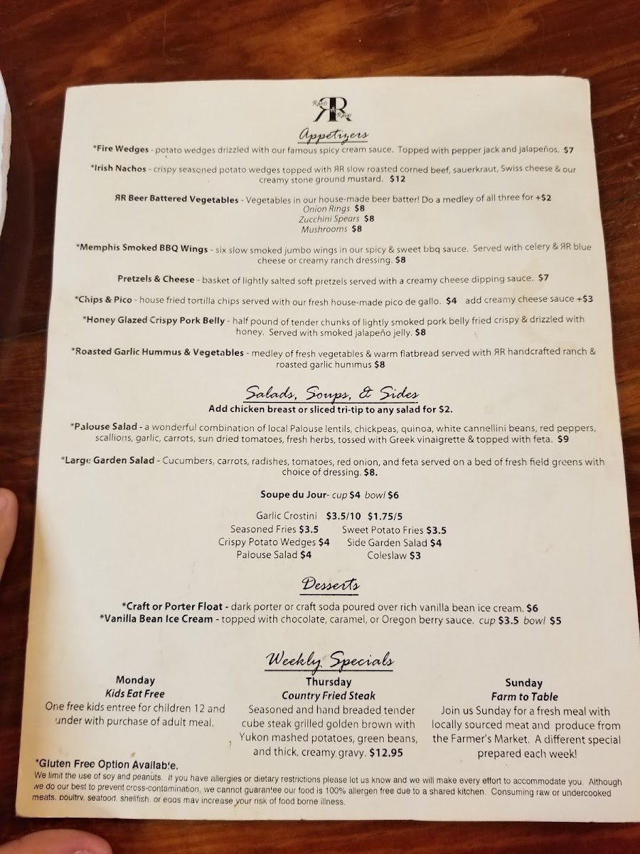 Rants and Raves Brewery gluten-free menu