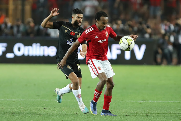 Percy Tau of Al Ahly challenges Yahya El Idrissi of Wydad during the CAF Champions League 2022/23 Final, First leg Al Ahly and Wydad at Cairo International Stadium in Egypt on 04 June 2023.