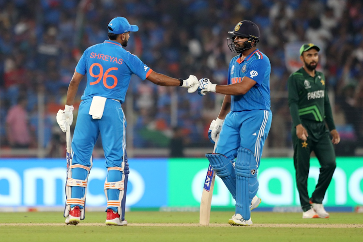 Rohit Sharma of India reacts during the ICC Men's Cricket World Cup India 2023 against Pakistan at Narendra Modi Stadium on October 14, 2023 in Ahmedabad, India.