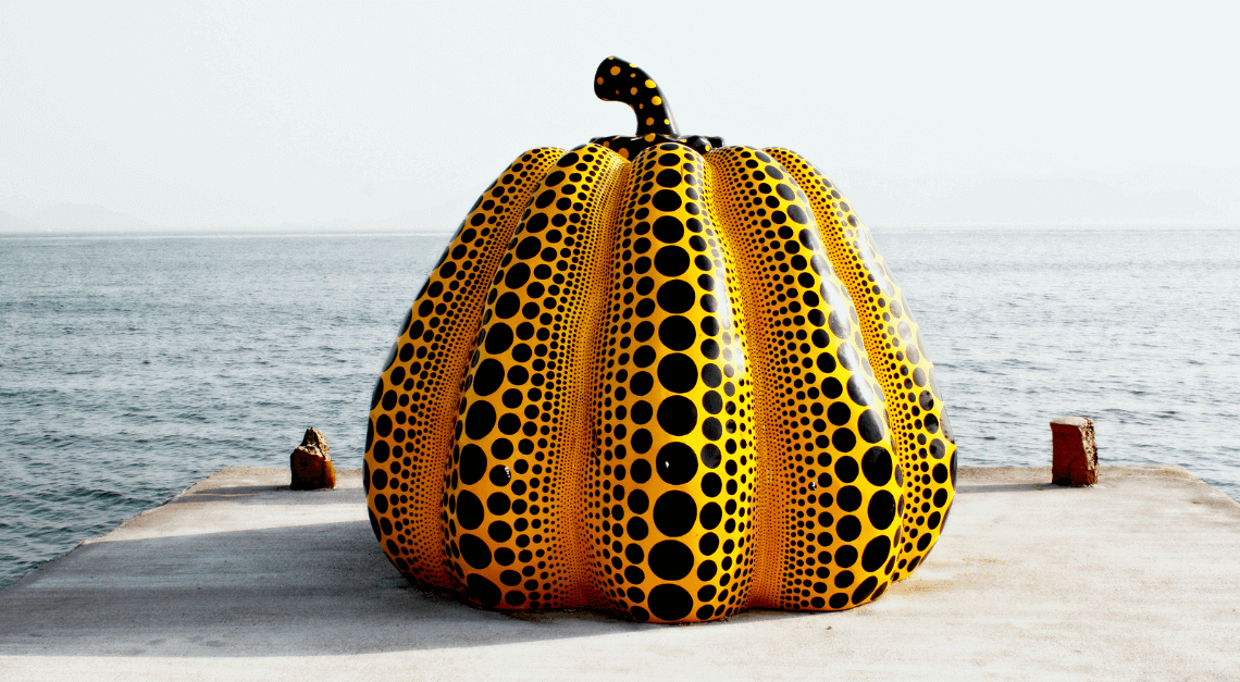 Kabocha Pumpkin sculpture by Yayoi Kusama on Naoshima Island Japan