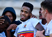 Wonderboy Makhubu of University of Pretoria celebrates scoring a goal in the Premier Soccer League promotion-relegation playoff match against Cape Town All Stars at Athlone Stadium in Cape Town on May 29 2022 .