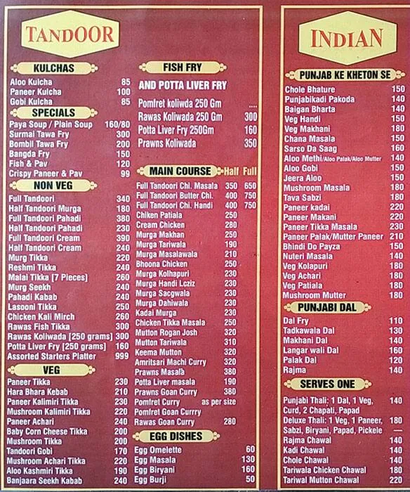 Punjab Express menu 