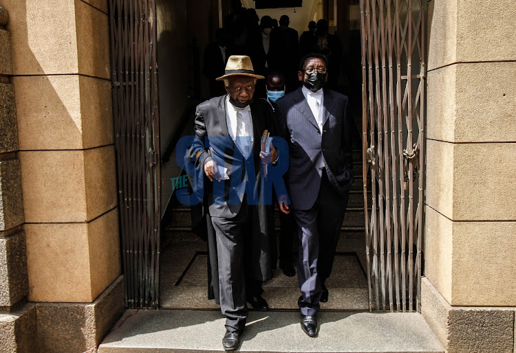 Katiba Institute lawyer John Khaminwa with ODM leasder Raila Odinga's lawyer James Orengo at the Court on June 2,2021.