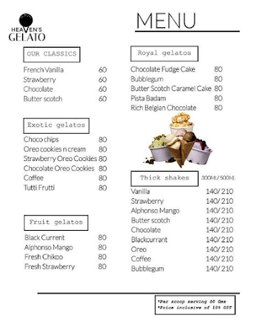 Heaven's Gelato menu 