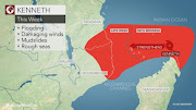 The trajectory of Cyclone Kenneth, which is expected to make landfall in northern Mozambique and southern Tanzania on Thursday.