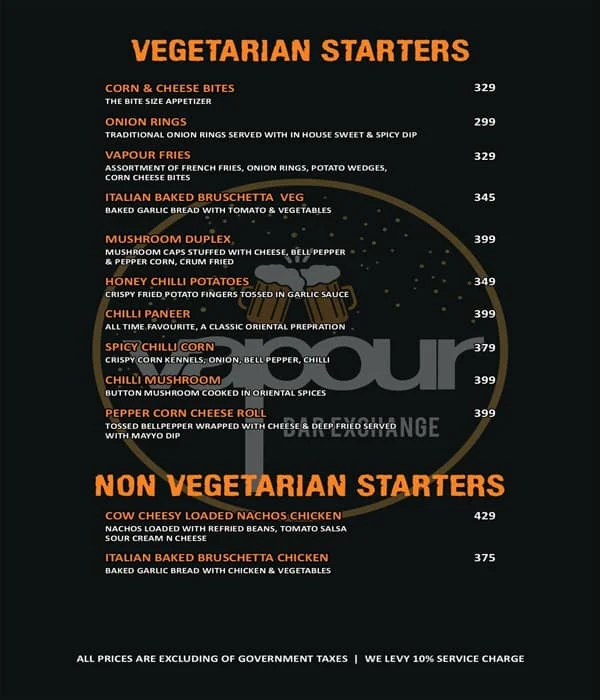 Vapour Bar Exchange menu 