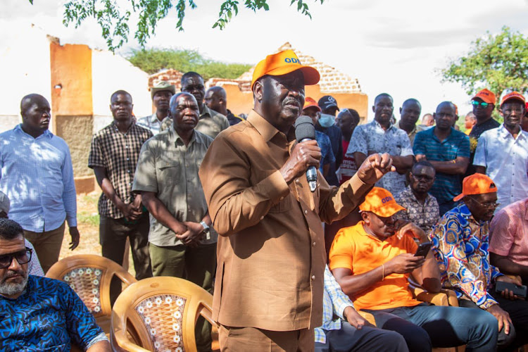 ODM Leader RailaOdinga speaks on Friday to victims of demolitions at Msambeni in Voi town, January 26, 2024.