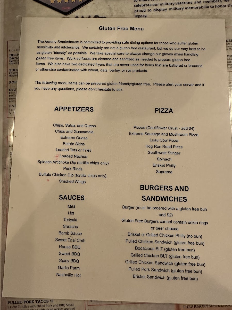 The Armory Smokehouse gluten-free menu