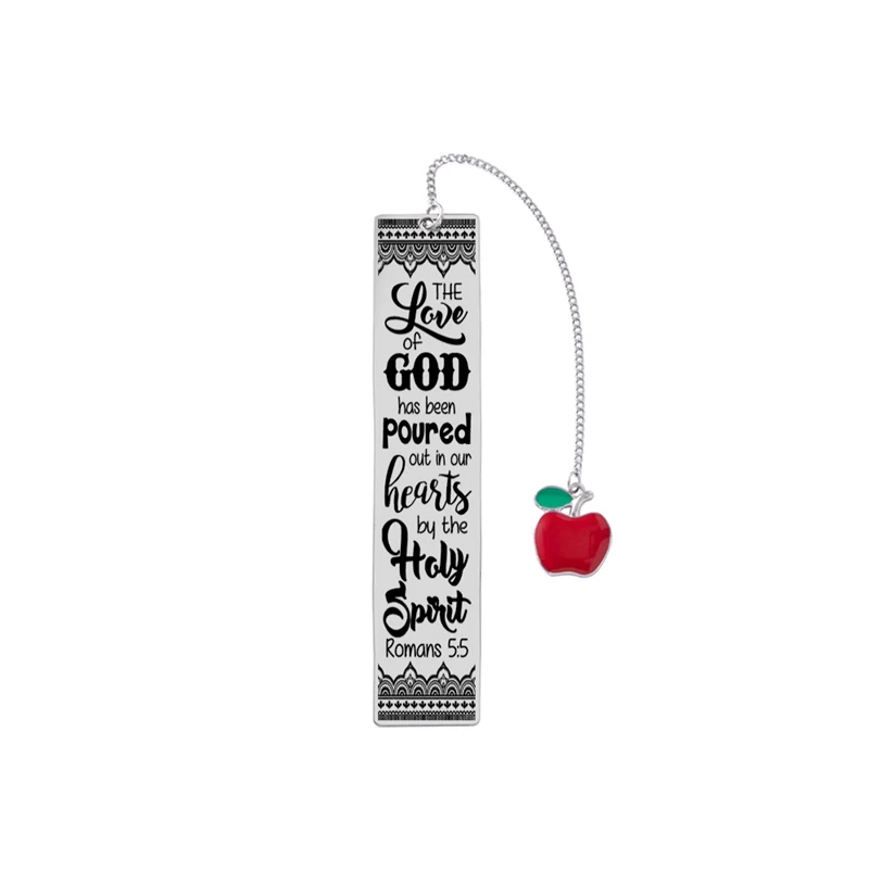 Marque-page avec pendentif en acier inoxydable gravé d'un verset biblique, pompon rouge pomme, cadeaux pour étudiants et enseignants