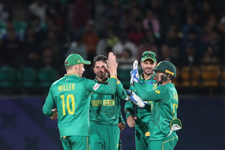 Keshav Maharaj of SA celebrates the wicket of Netherlands' Logan van Beek during the ICC Men's Cricket World Cup 2023 at HPCA Stadium on October 17 2023 in Dharamsala, India. Picture: PANKAJ NANGIA/GALLO IMAGES