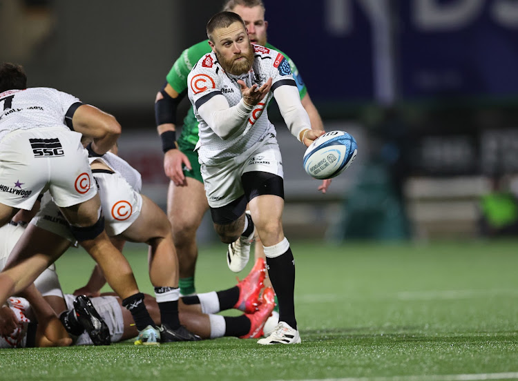 Sharks scrumhalf Cameron Wright gets the ball away in the United Rugby Championship game against Connacht at the Sportsground, in Galway, Ireland, on Saturday. Picture: BILLY STICKLAND/BACKPAGEPIX