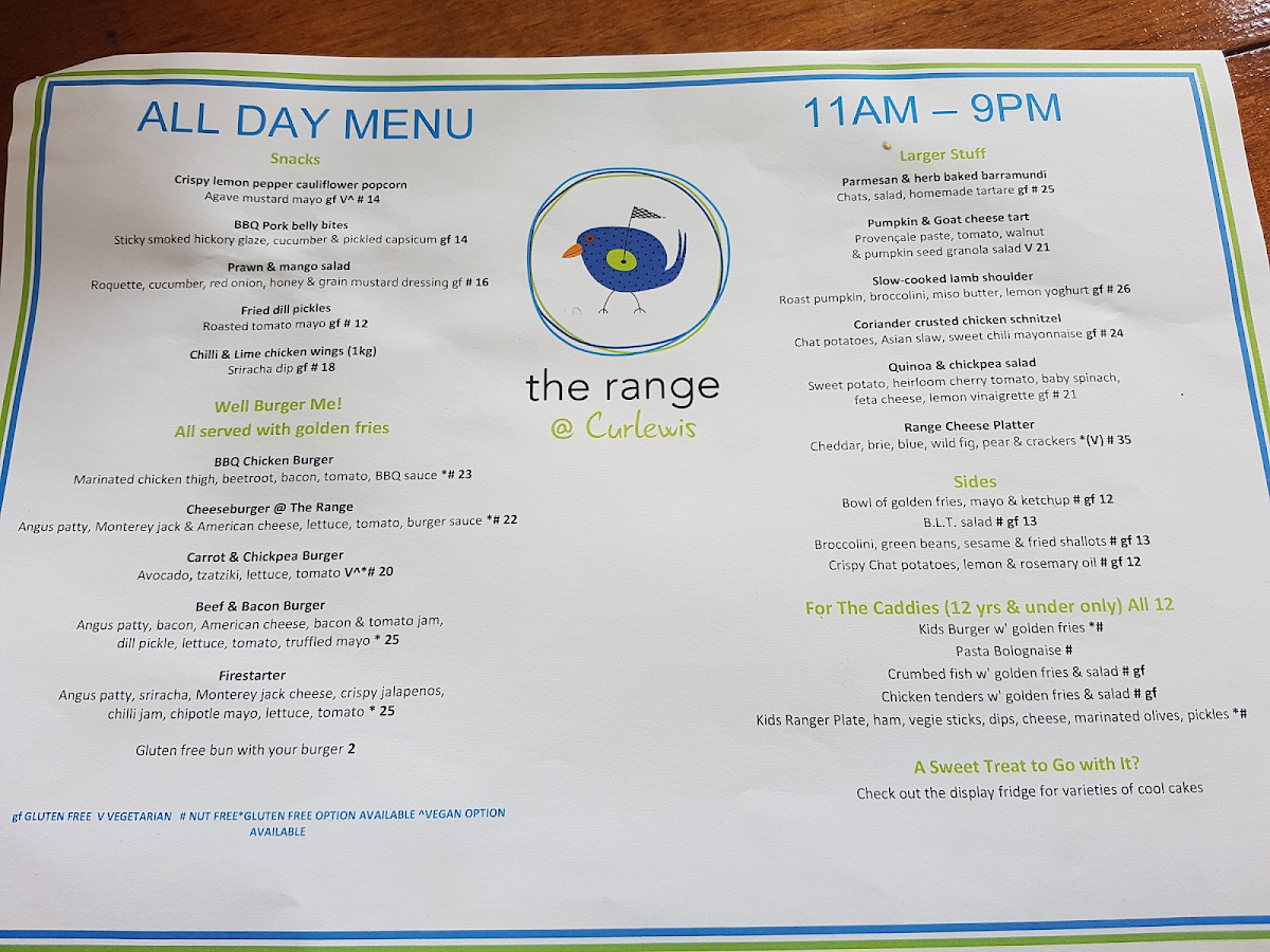 The Range @ Curlewis gluten-free menu