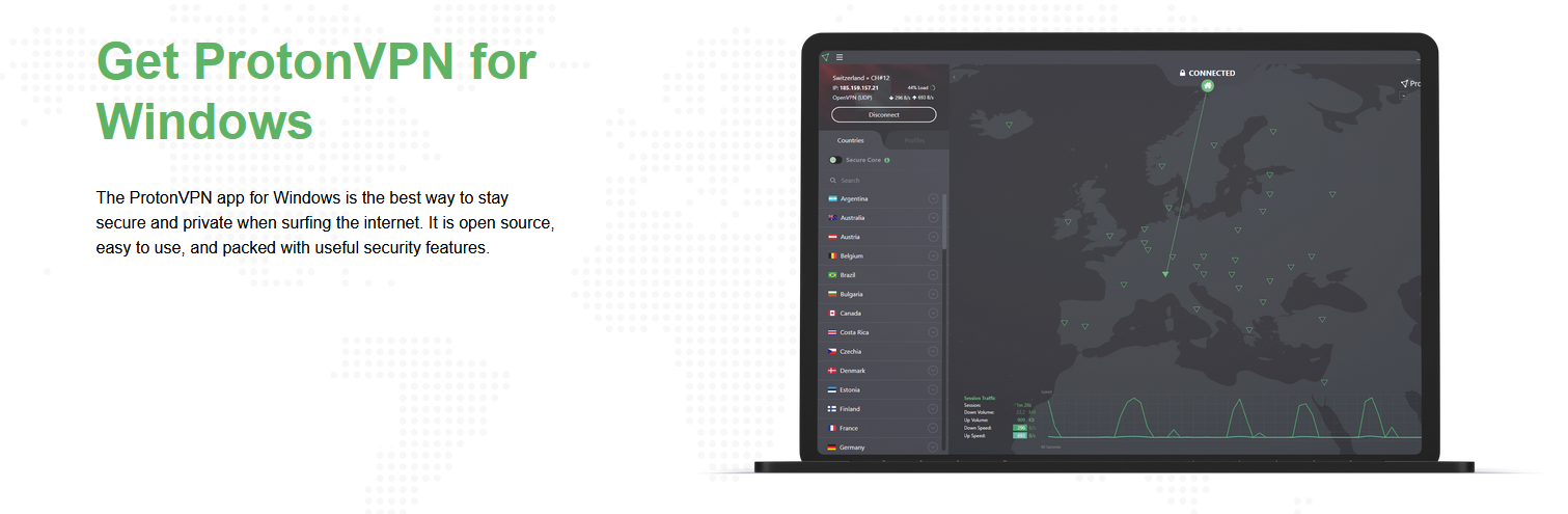 Interface ProtonVPN -VPN pour Windows- packvpn