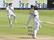 Dean Elgar of the Proteas takes the catch at slip for the wicket of Kyle Mayers of West Indies on March 9 2023, day two of the second Test at the Wanderers.