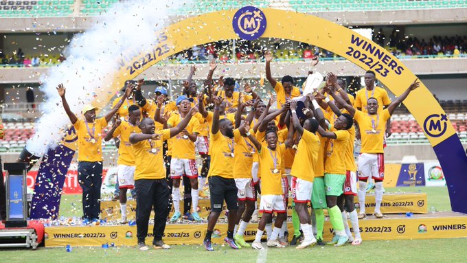 Kakamega Homeboyz players celebrate after winning the FKF Cup