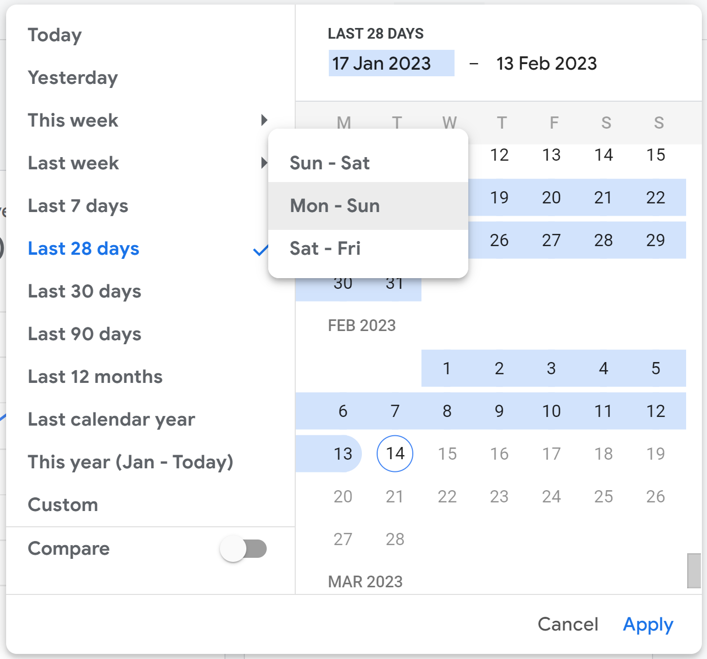 GA4's date range selector highlighting the week options for the satrting day of week