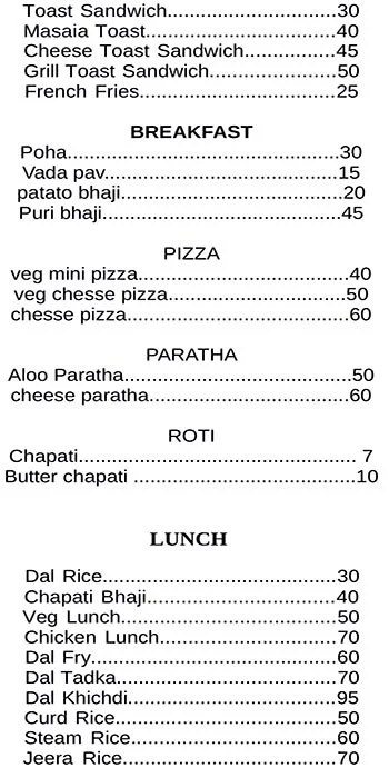 Quick Restaurant menu 