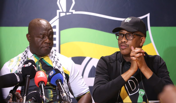 ANC North West interim convener Hlomani Chauke and party spokesperson Kenny Morolong address the media on the province's state of readiness ahead of the conference at the Rustenburg Civic Centre.