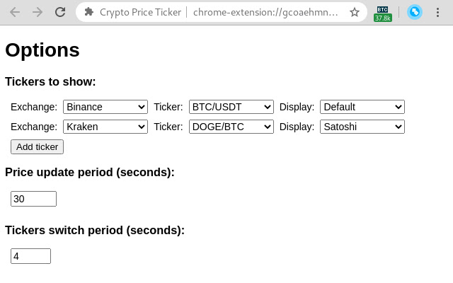 Crypto Price Ticker chrome extension