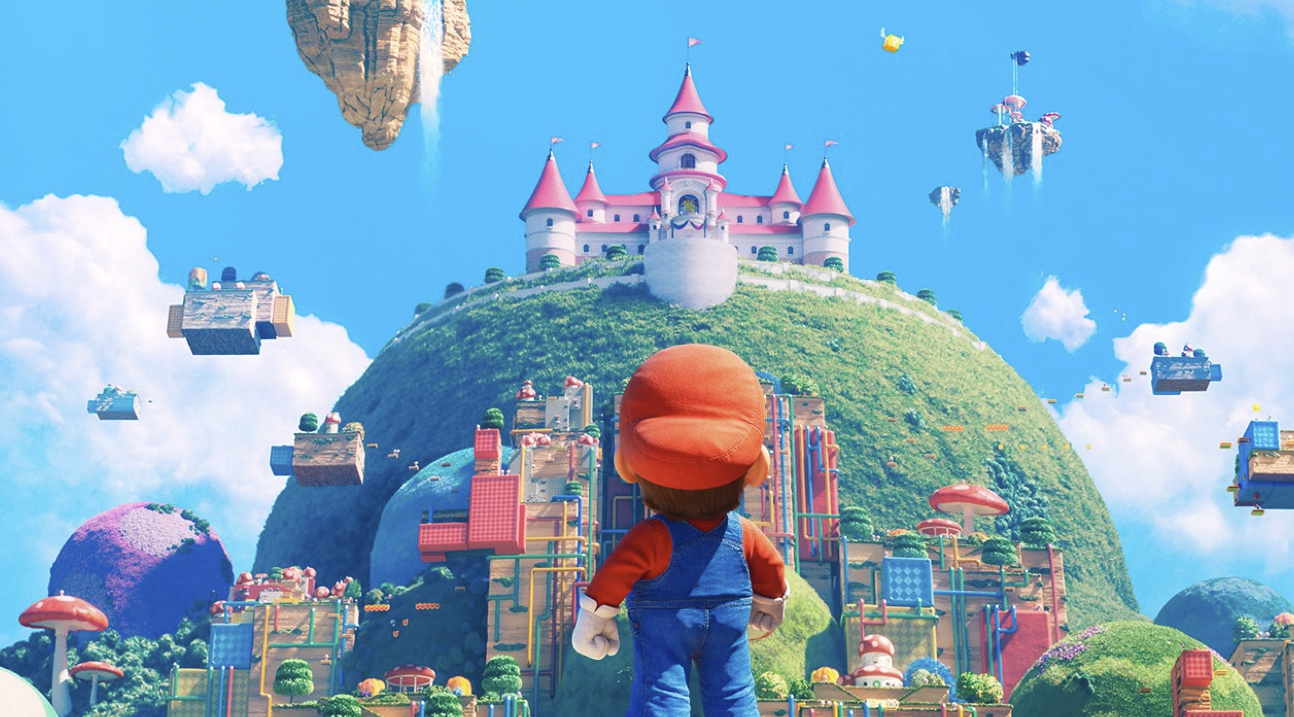 Mario looking at Peach's Castle from Super Marios Movie poster