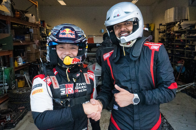 Kenyan Rally Champion Karan Patel (R) with Toyota Gazoo Racing World Rally Team's Takamoto Katsuta of Japan during the Finland winter test