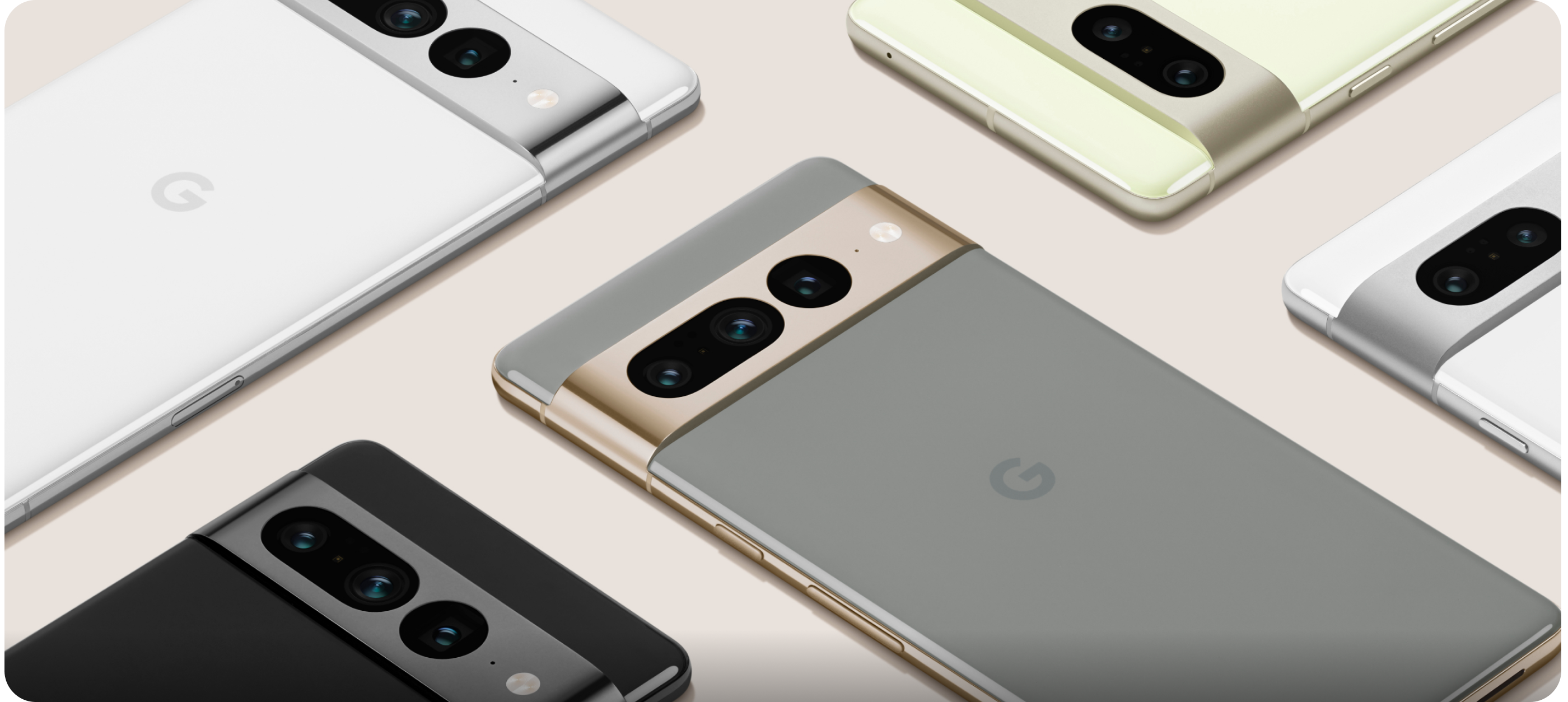 An array of Google Pixel phones in different colors. 