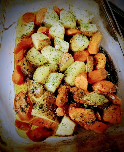 These roasted veggies are so good!! These are what I serve w/my bone-in baked pork chops.