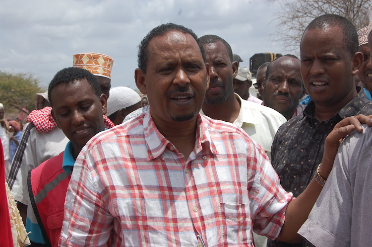 Wajir East MP Rashid Kassim addressing residents of the border town of Handaki durring a censitization meeting on the upcoming census that start today