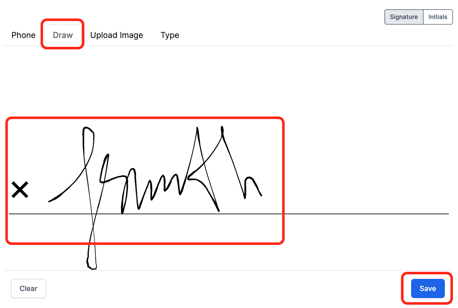 DocHub Signature tool showing the Draw option with a signature on the line.