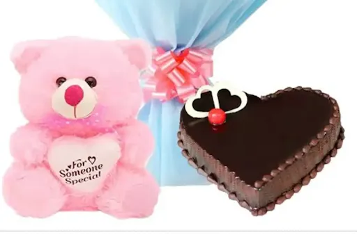 Chocolate Truffle Heart Shape Cake And 1 Teddy Bear Pink