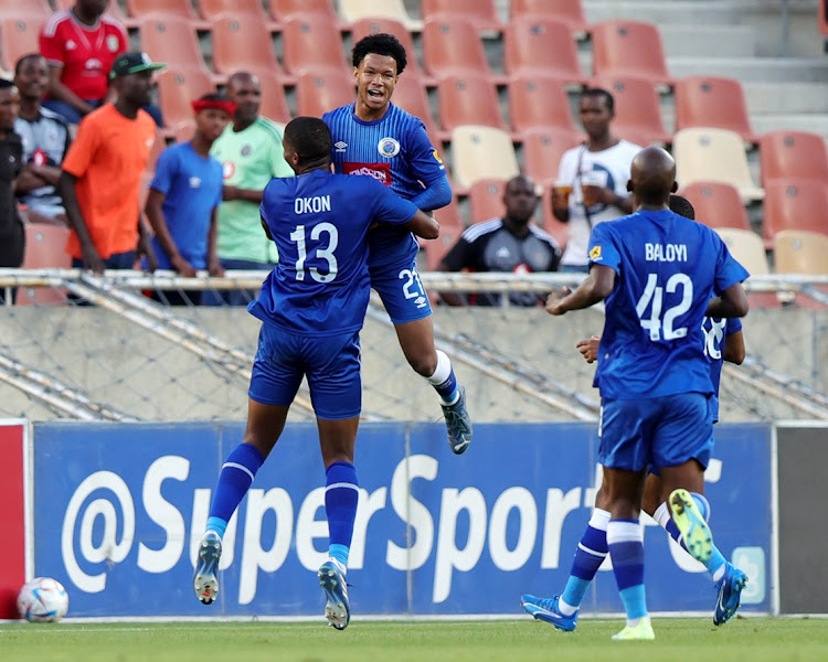 Shandre Campbell celebrates scoring Supersport United's fourth goal with teammates during their DStv Premiership win against Orlando Pirates at Peter Mokaba Stadium in Polokwane on Saturday.
