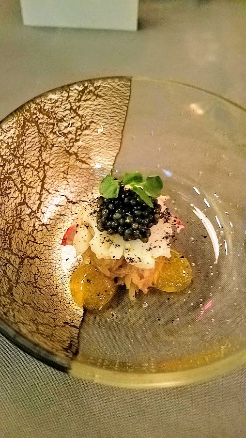 Meet the Chef Albert Adria dinner with Ataula, bowl of consomme with canadian red lobster, soy-cabbage, egg yolk, caviar, and fennel pollen paired with Bechtold, Engelberg Grand Cru Pinot Gris from Alsace France 2015