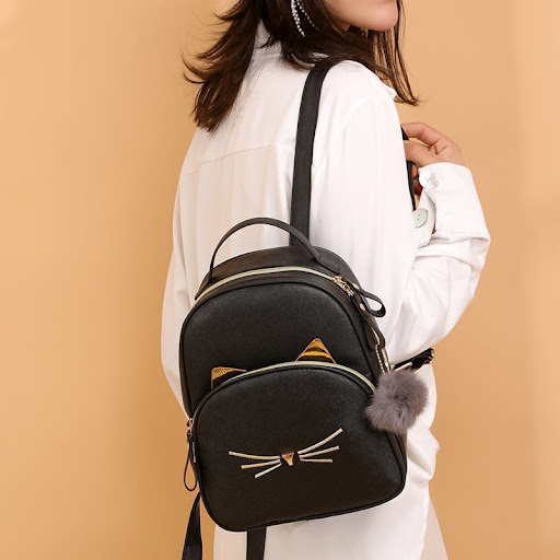 Title 3, Cartoon Cat Cute Casual Womens Leather Backpac...