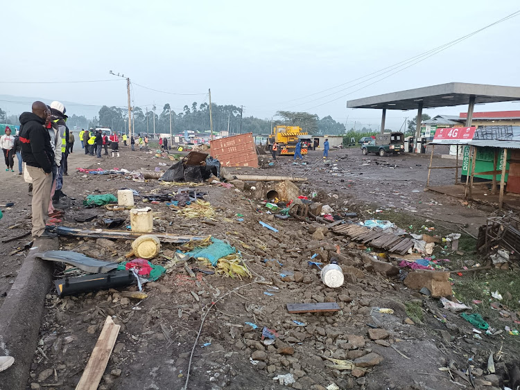 The scene of road crash that left 52 people dead and scores injured at Londiani Junction market in Kericho along the Nakuru-Eldoret Highway.