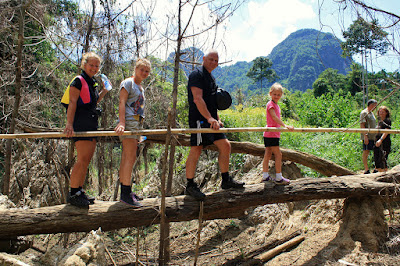 Crossing a fallen log on a Khao Sok trek