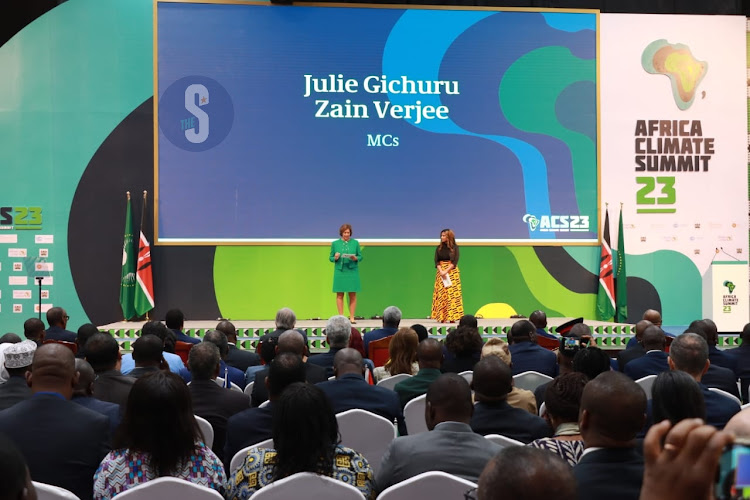 Kenyan journalists Zain Verjee and Julie Gichuru at the Africa Climate Summit at KICC, Nairobi on September 5, 2023