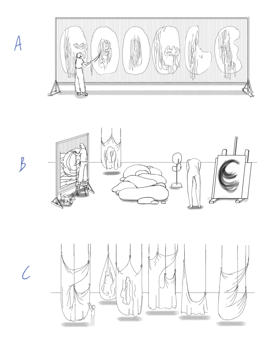 Three black and white Doodle sketches labeled A, B, and C arranged vertically 