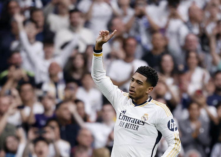 Jude Bellingham celebrates scoring Real Madrid's second goal in their LaLiga win against Cadiz at the Santiago Bernabeu in Madrid on Saturday.