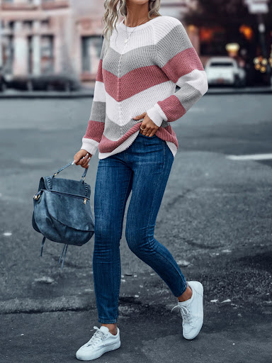 Title 2, Striped Crew Neck Casual Sweater For Women
