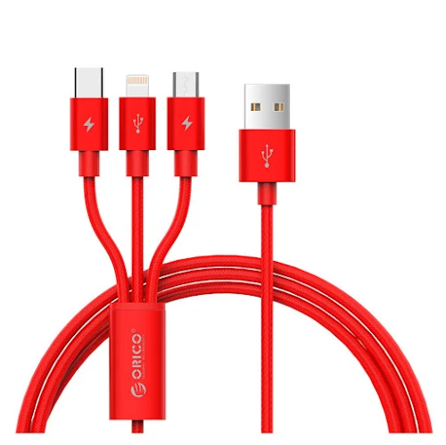 Cáp sạc điện thoại Orico 3 trong 1 Lightning/ Type C/ Micro B USB 2.0 1.2m (UTS-12RD) (Đỏ) - Hàng trưng bày